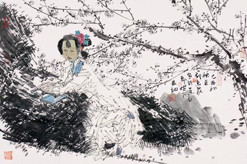 梅花仕女 镜心